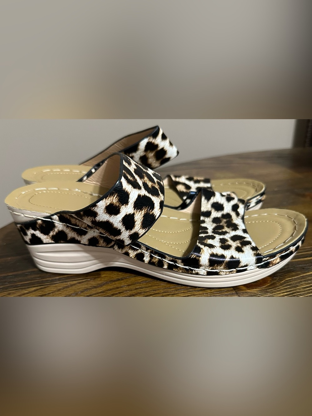 Leopard Print Wedge Slide Sandals - Black/cream